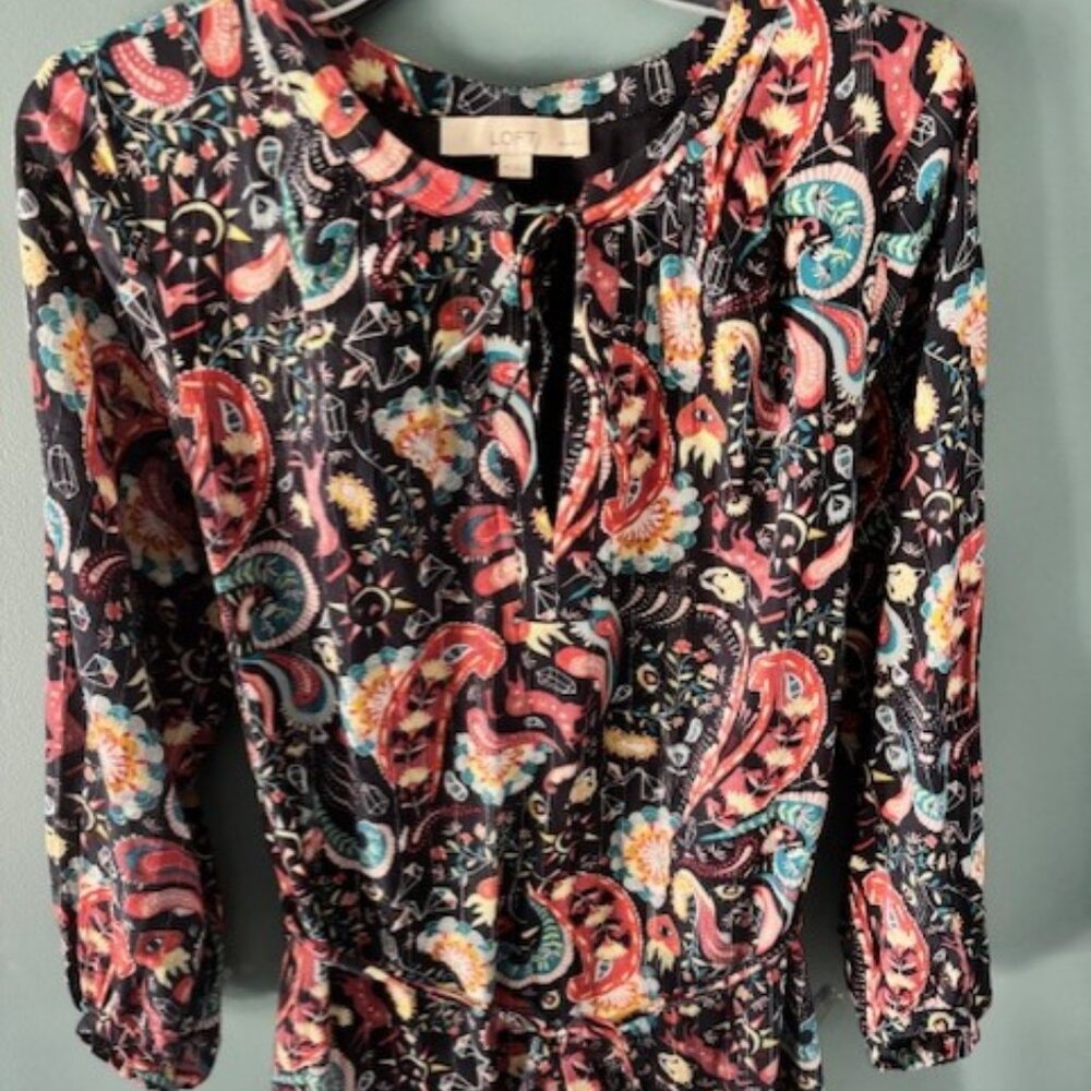 LOFT Petite M Dress Black Paisley Whimsygoth Boho Belted Feminine Tie Neck Shift